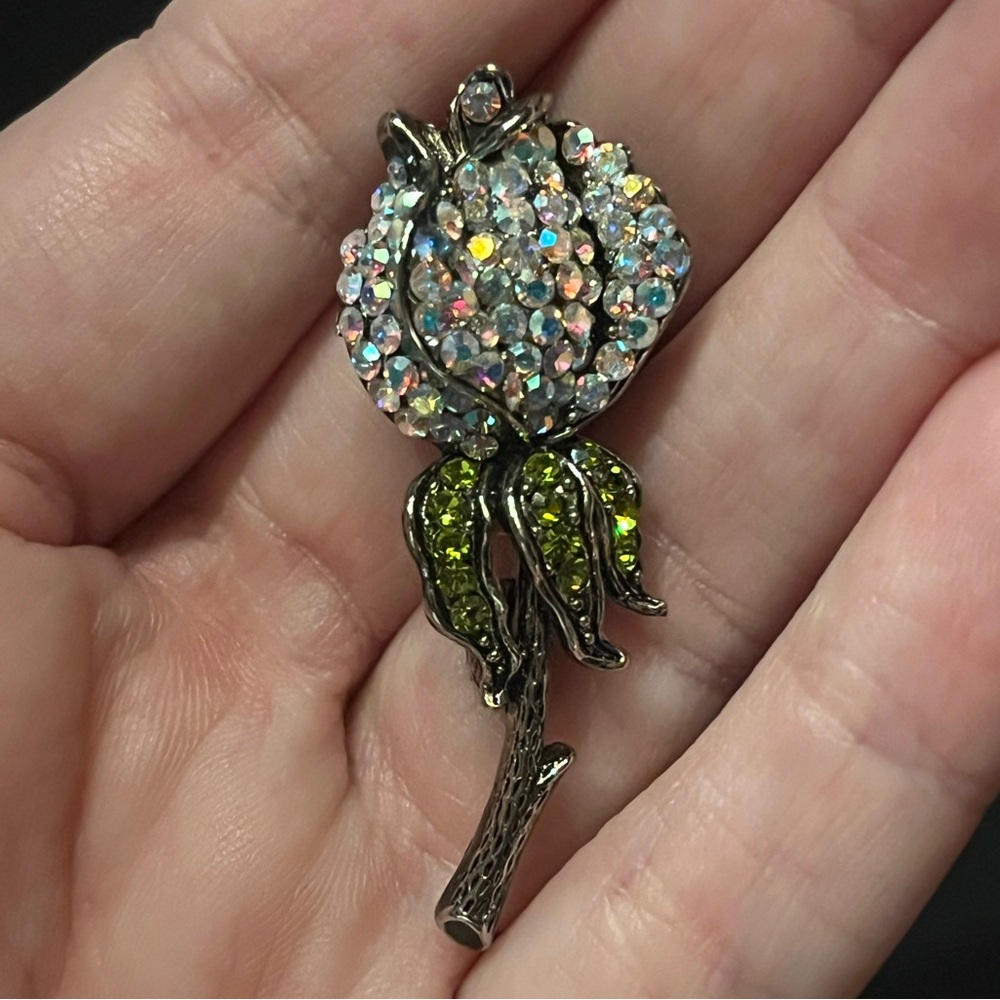 Vintage Silver AB and Green Crystal Rose Brooch